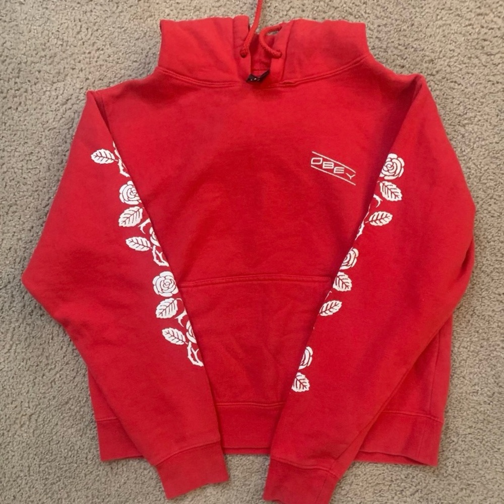 Obey Red Sweatshirt with White Rose Pattern